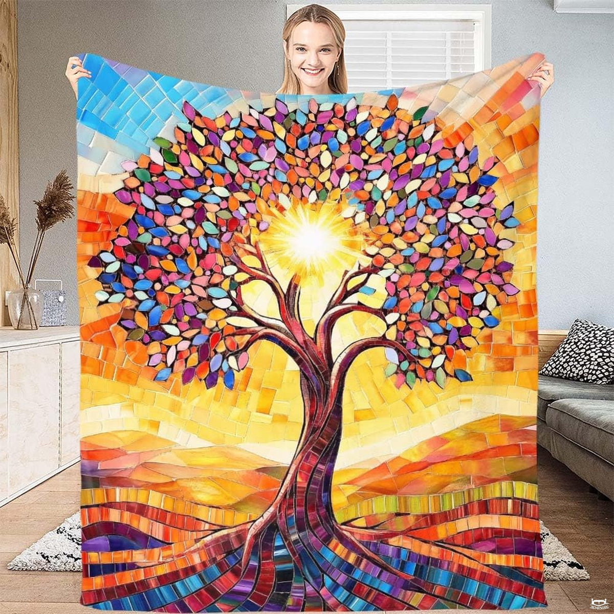 Stained glass bed aesthetic showcasing a vibrant tree of life mosaic pattern in vivid jewel tones.