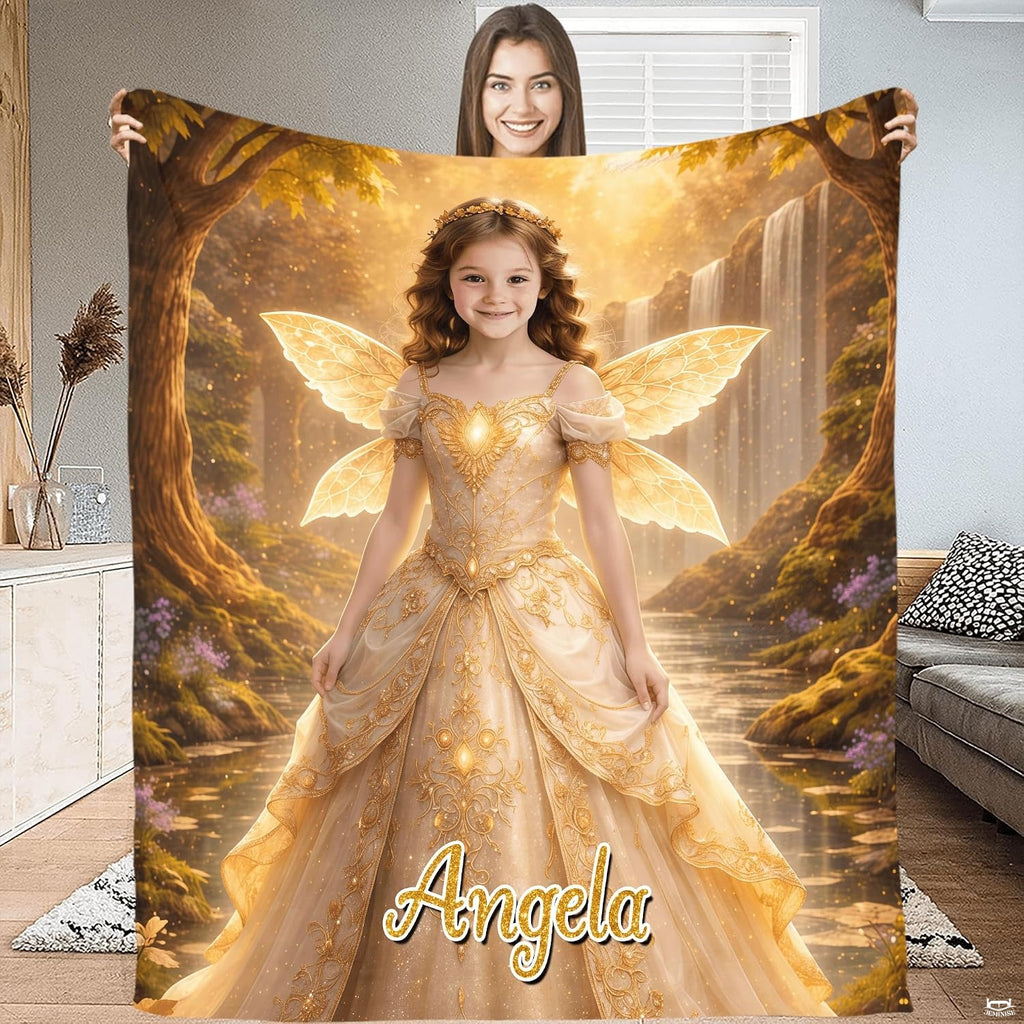 Fairy bedding set displaying an ethereal woodland princess with golden butterfly wings beside a twilight lake.