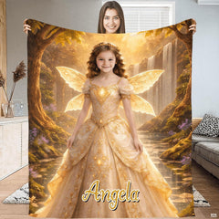 Fairy bedding set displaying an ethereal woodland princess with golden butterfly wings beside a twilight lake.