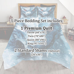 Ice dragon bedding mockup with glowing eyes and frosted blue artwork