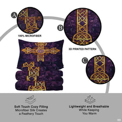 Overhead perspective of ornate golden Celtic cross bedding showcasing symmetrical petal motifs on deep purple background.