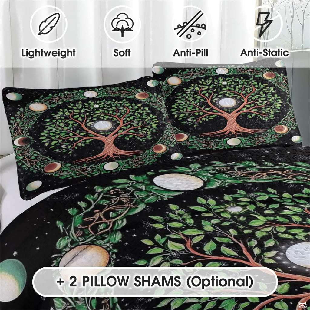 Close-up perspective of mystical bedding detailing emerald leaves, intertwined root system, and glowing pearl full moon