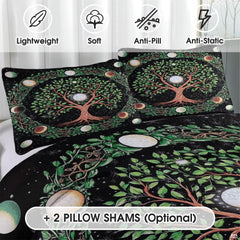Close-up perspective of mystical bedding detailing emerald leaves, intertwined root system, and glowing pearl full moon