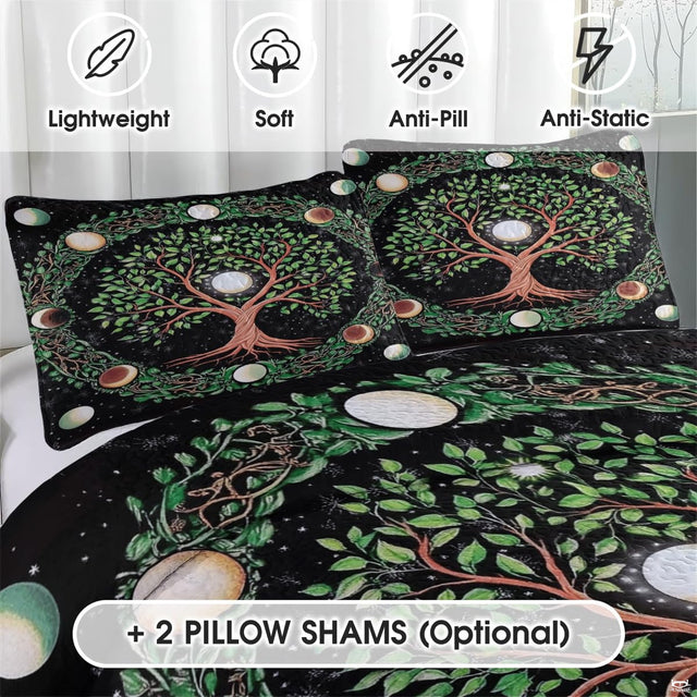 Close-up perspective of mystical bedding detailing emerald leaves, intertwined root system, and glowing pearl full moon