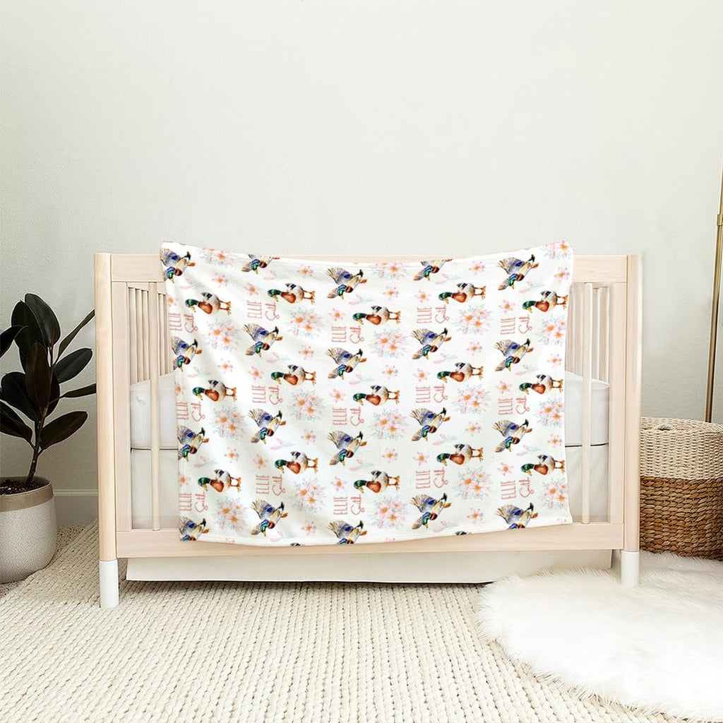 Mallard ducks pastel floral pattern throw blanket view 6 detailing watercolor drakes and flowers