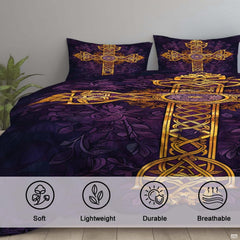 Golden Celtic cross bedding set arranged with complementary pillow shams in an elegant dark aesthetic bedroom setting.