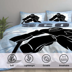 Folded corner view showing jet black and glacier azure pattern on athletic hockey bedding