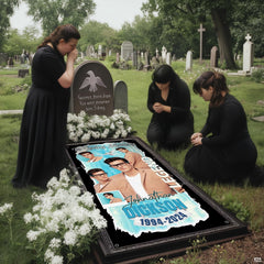 Outdoor cemetery gravesite memorial gathering featuring the turquoise tribute blanket.