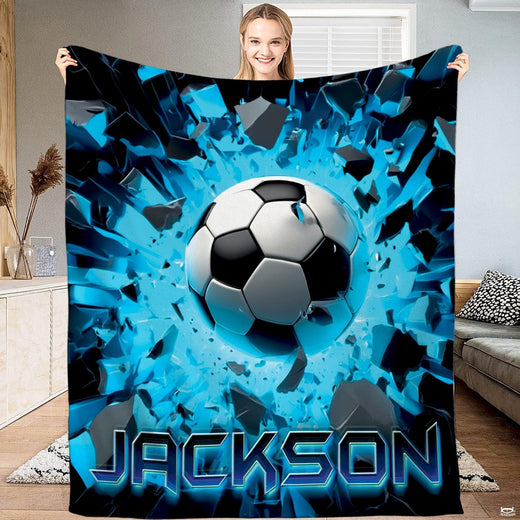 3D soccer ball exploding through shattered stone wall with neon cyan rays throw blanket