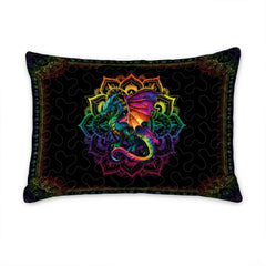 Pillow sham with rainbow dragon centered on an ornate mandala and black background
