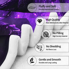 Purple galaxy dragon throw blanket draped over a living room couch creating a mythical fantasy decor accent.