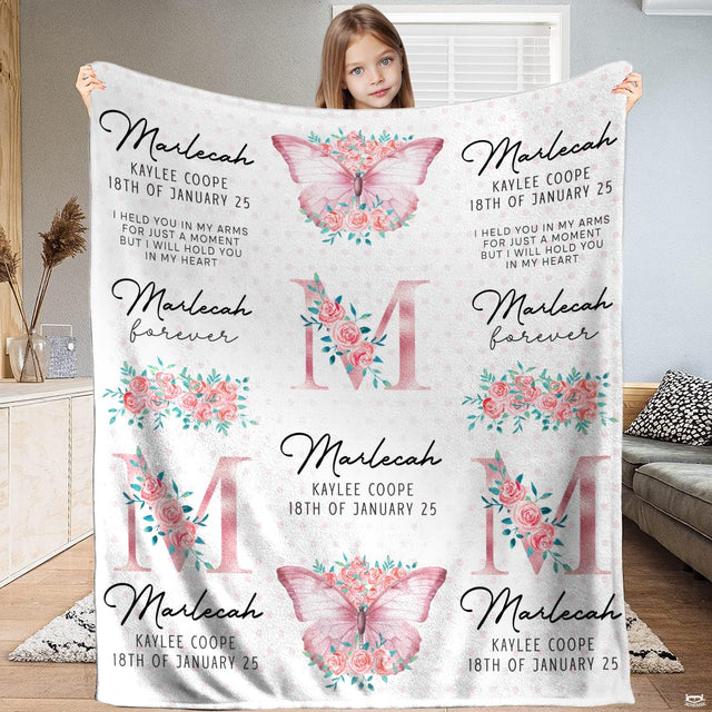 Pink butterfly throw blanket featuring watercolor floral butterfly and rose garland monograms.