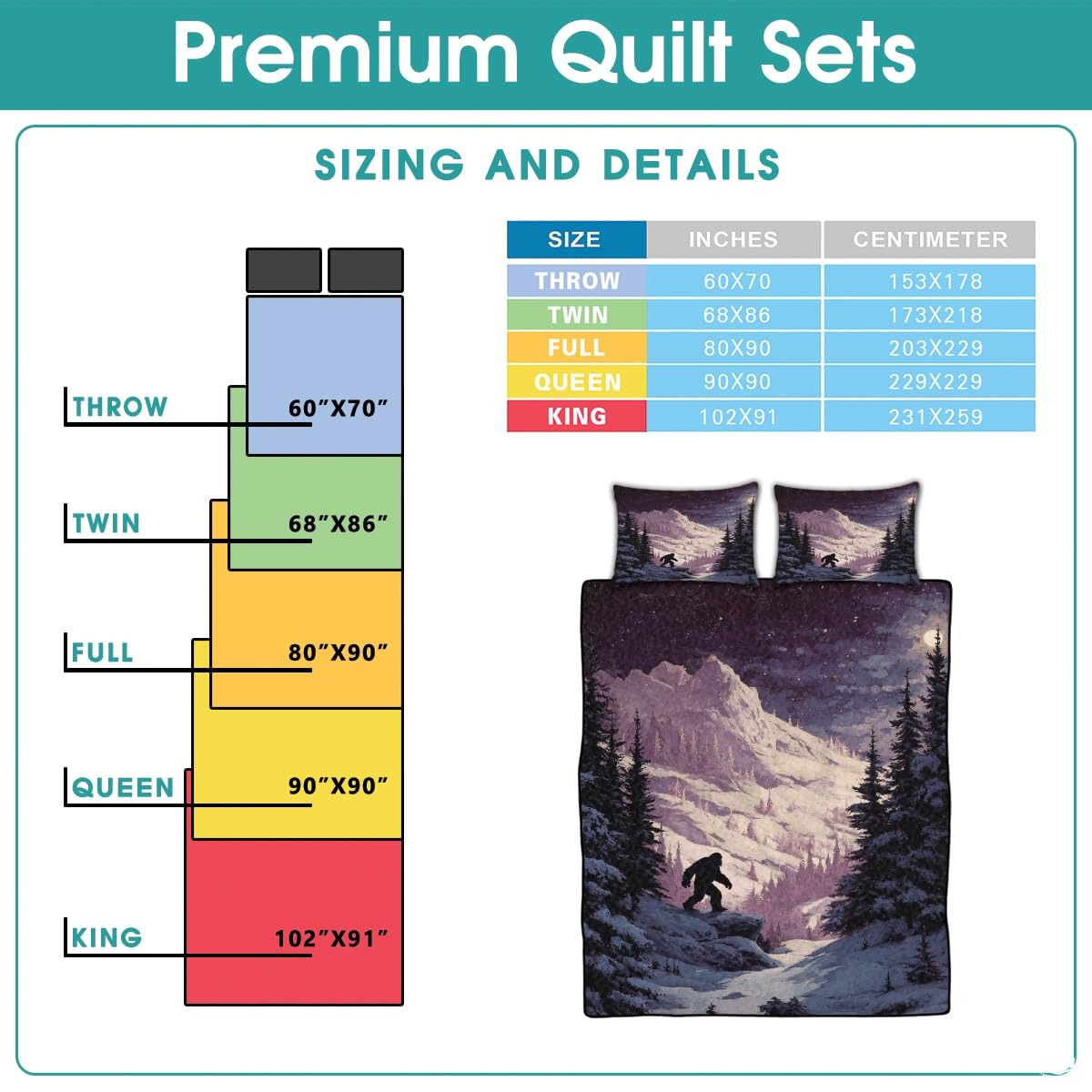 Personalized Bigfoot Snowy Mountain Forest Quilt Set, Mach - Design 15