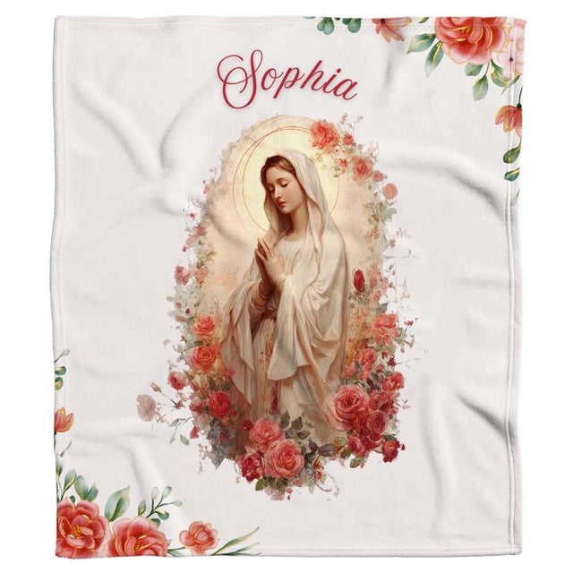 Artistic detail of praying Virgin Mary with veil and blooming rose garland halo in delicate pastel tones.