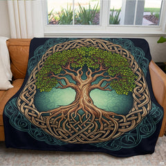 Circular woven Celtic knot border framing ancient tree motif on deep navy bedding display.