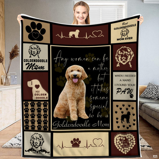 Curly doodle dog apricot canine collage blanket displayed against white background