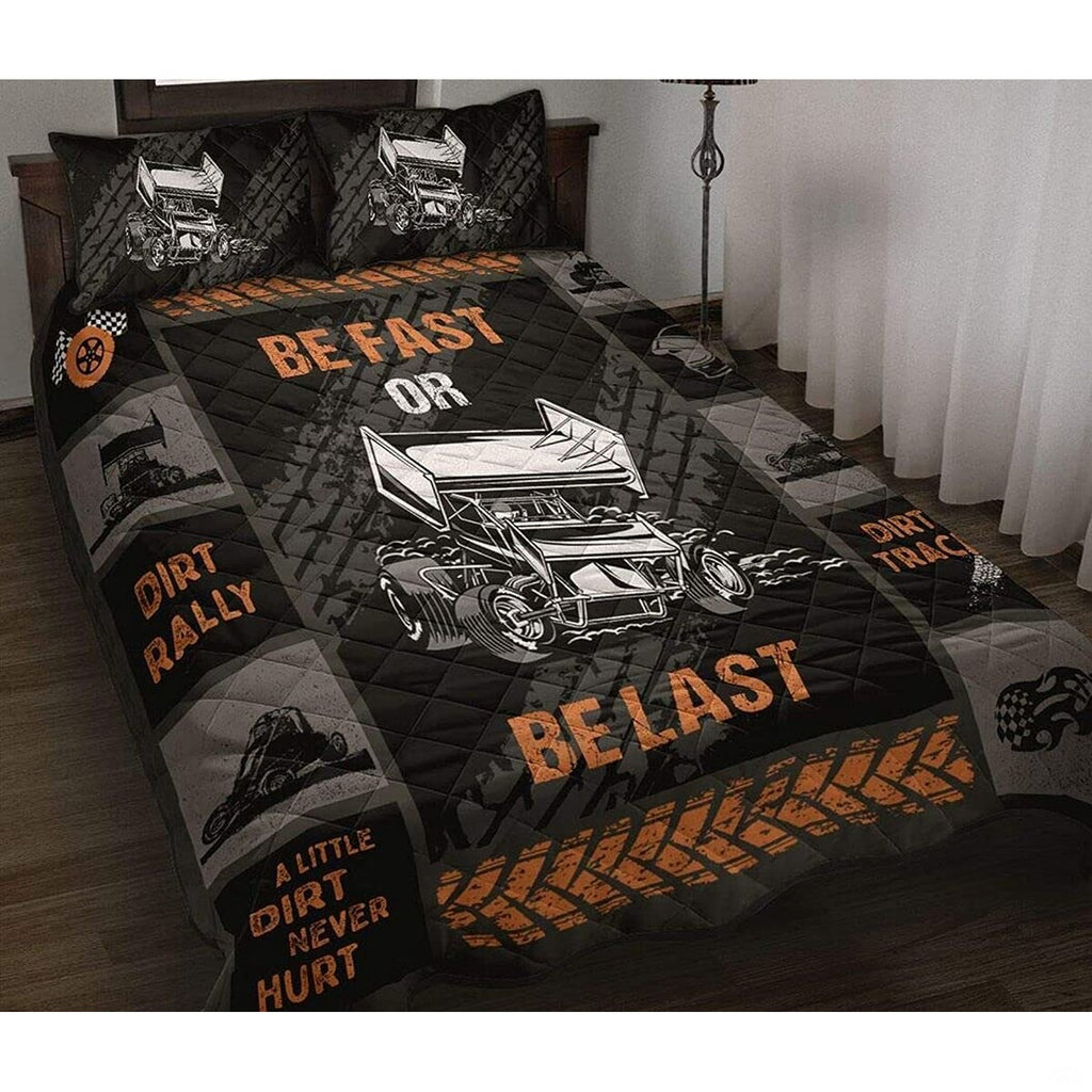 Be Fast Or Be Last sprint car dirt racing bedding set displayed neatly on a bed in a youth motorsport bedroom