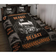 Be Fast Or Be Last sprint car dirt racing bedding set displayed neatly on a bed in a youth motorsport bedroom