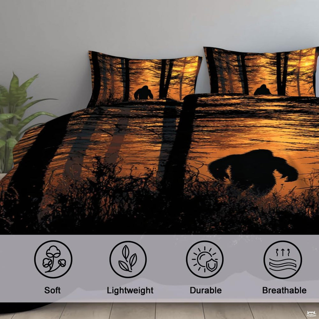 High-angle view of bigfoot graphic bedding showing rich marigold, amber, and mocha tones across bed.