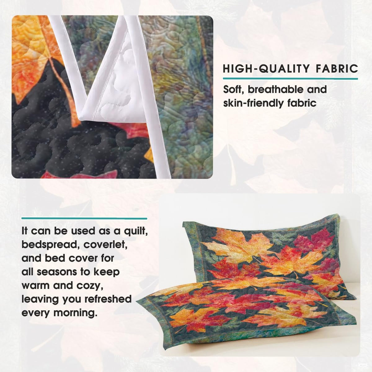 Coordinated pillow sham displaying vibrant maple foliage graphics from the teal slate bedding set