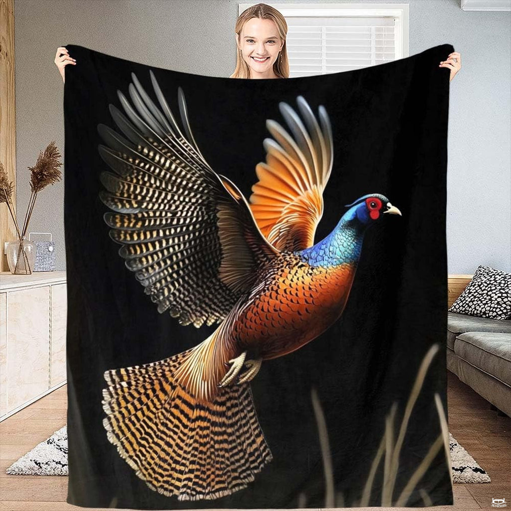 Flying ring-necked pheasant bedding set on black backdrop.