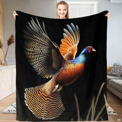 Flying ring-necked pheasant bedding set on black backdrop.