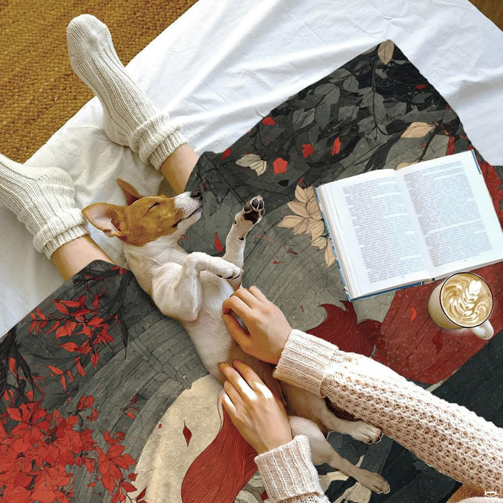 Skeletal couple throw blanket presented as a decorative statement accent on a couch