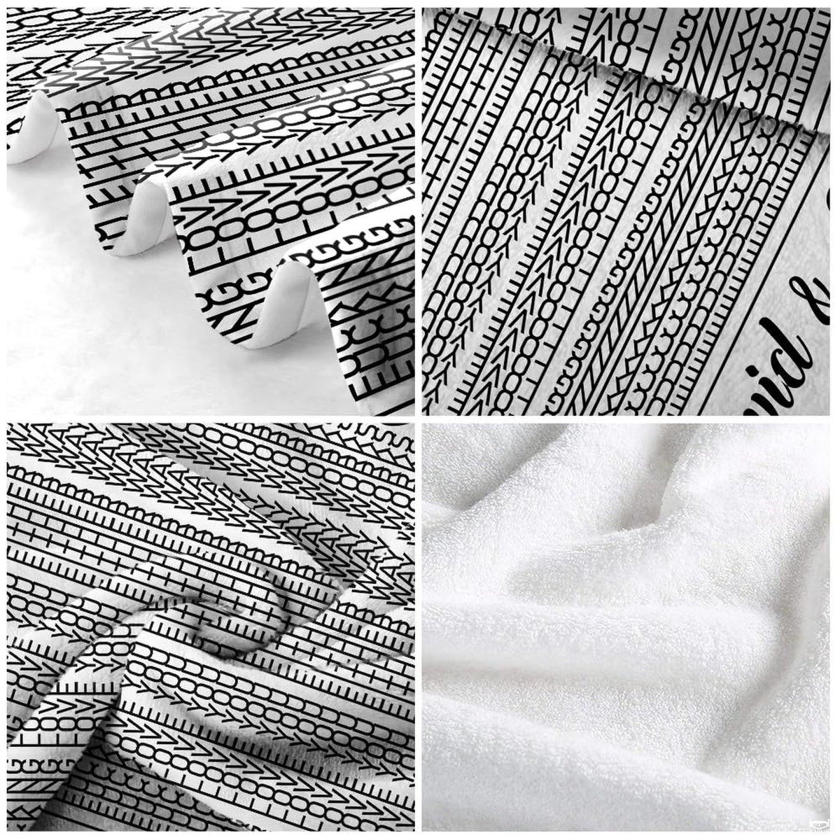 Optical illusion throw blanket folded neatly on wooden bench displaying crisp monochrome print