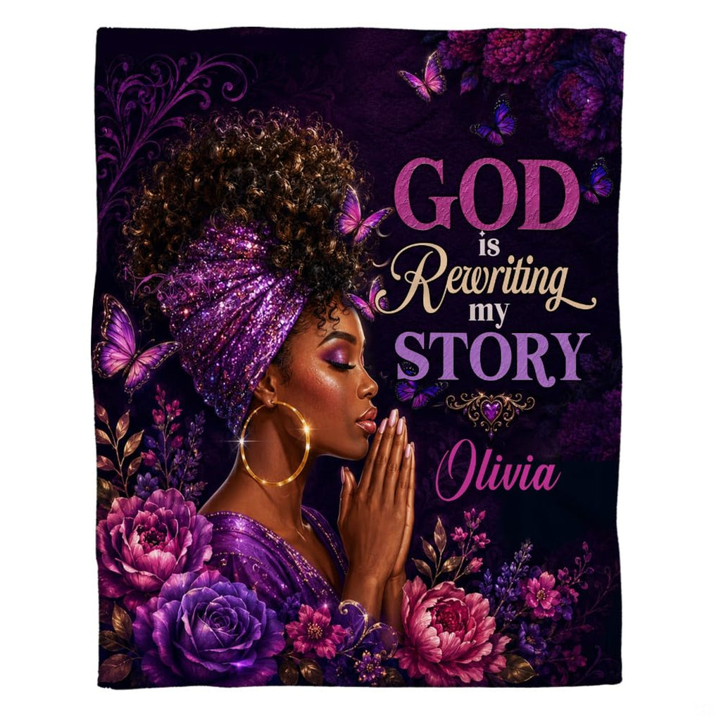 Faith art blanket featuring a praying woman in purple turban with violet roses and butterflies.