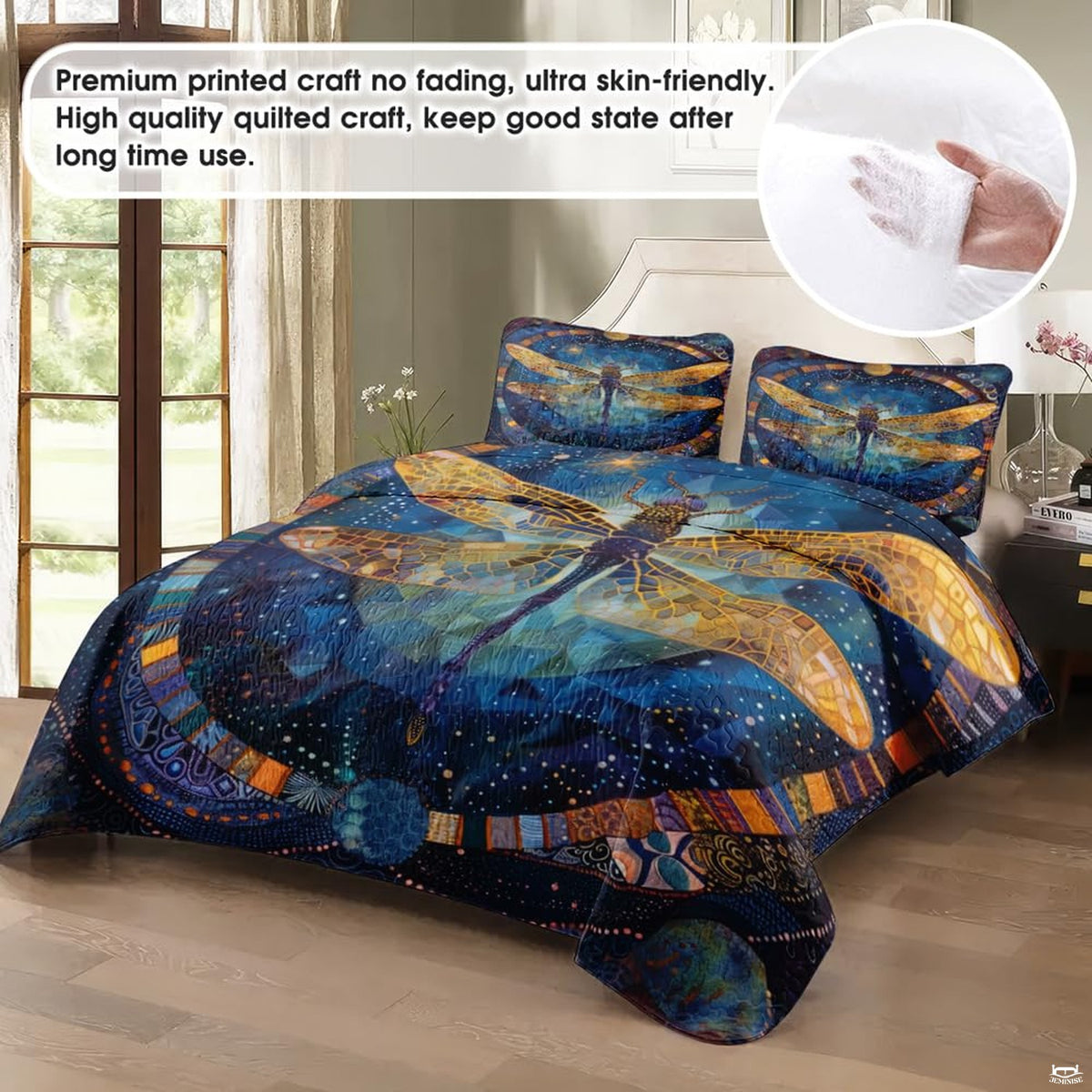 Golden dragonfly bedding in a softly lit bedroom
