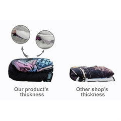 Detailed visual layout of bone patterns, paw prints, and stripes on plum dog-themed bedding.