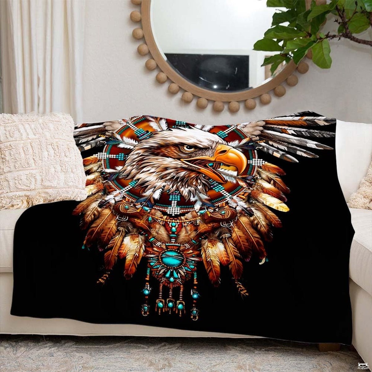Tribal bald eagle feather medallion throw blanket view 6 highlighting plumage artwork and cabin room styling