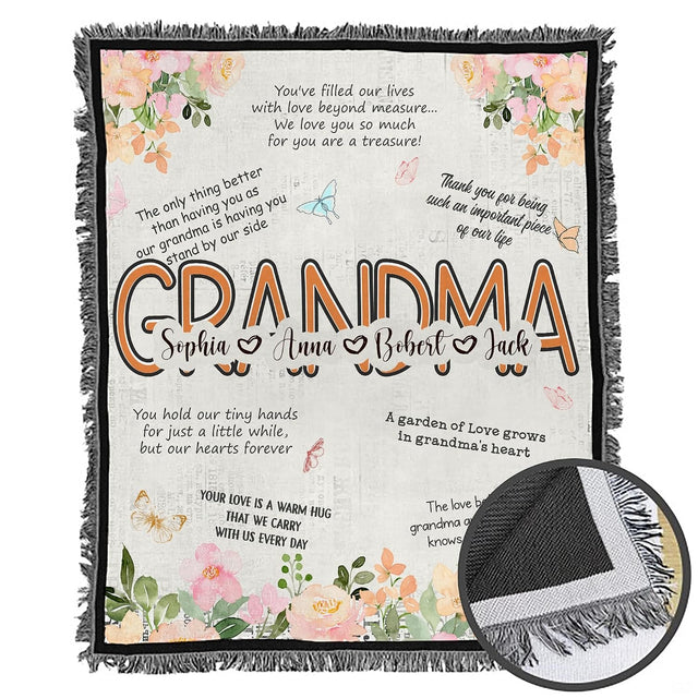 Grandma botanical floral garden family tribute blanket showing watercolor peach peonies view 2