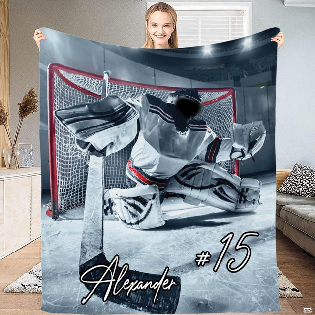 Vibrant sports artwork highlighting dynamic hockey goalie illustration with bright stadium floodlights.