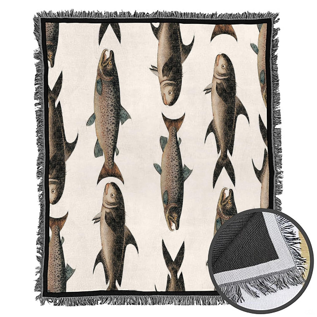 thematic accent ambient view of vintage fish bedding showing artistic river trout swimming across light beige hues.