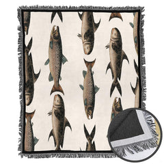thematic accent ambient view of vintage fish bedding showing artistic river trout swimming across light beige hues.