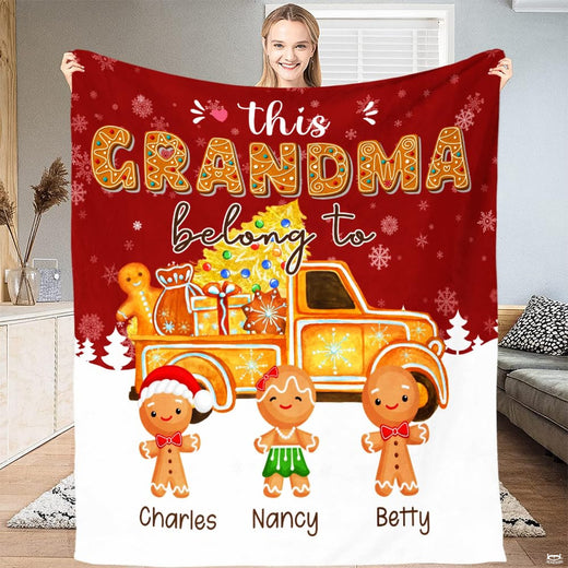 Gingerbread cookie Christmas truck throw blanket displaying iced cookie truck and smiling gingerbread figures