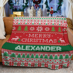Ugly sweater holiday graphic blanket styled across bedroom bed