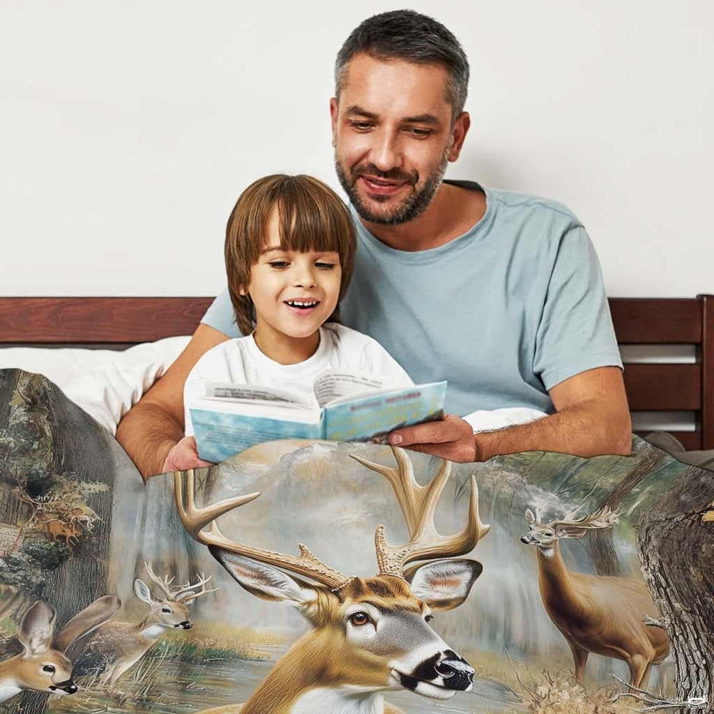 Family reading scene in bedroom featuring the rustic woodland wildlife throw blanket
