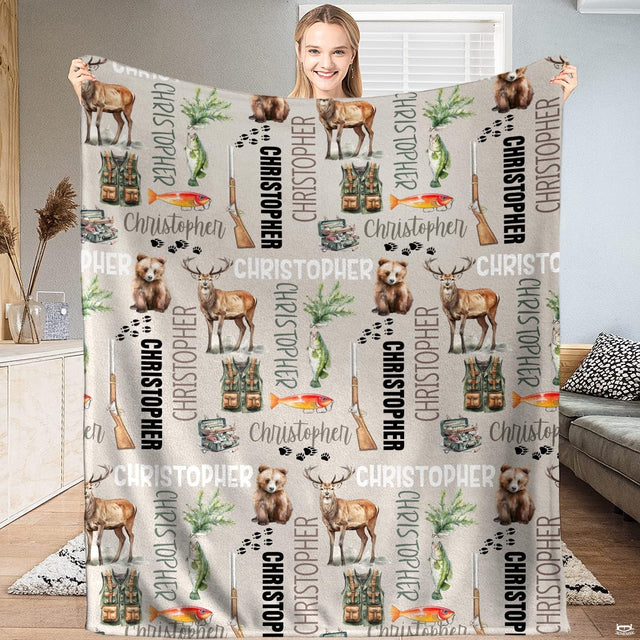 Rustic lodge bedroom decor showcasing outdoor fishing theme bedding with deer antlers and lures.
