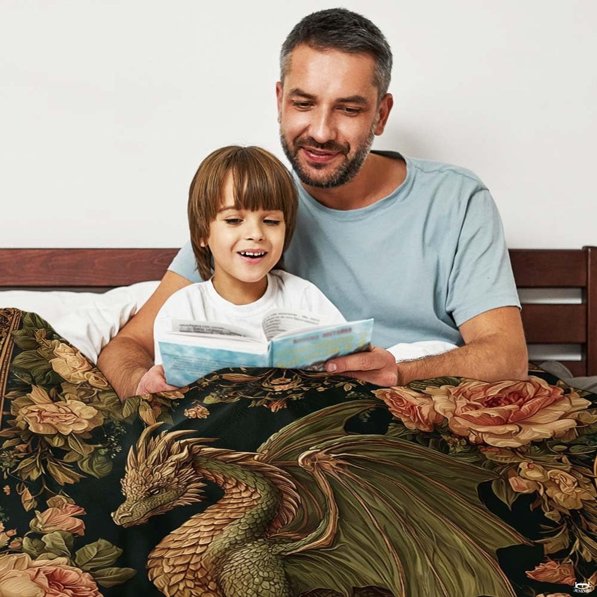 Baroque green dragon on antique tome fantasy blanket showing dragon on open book view 3