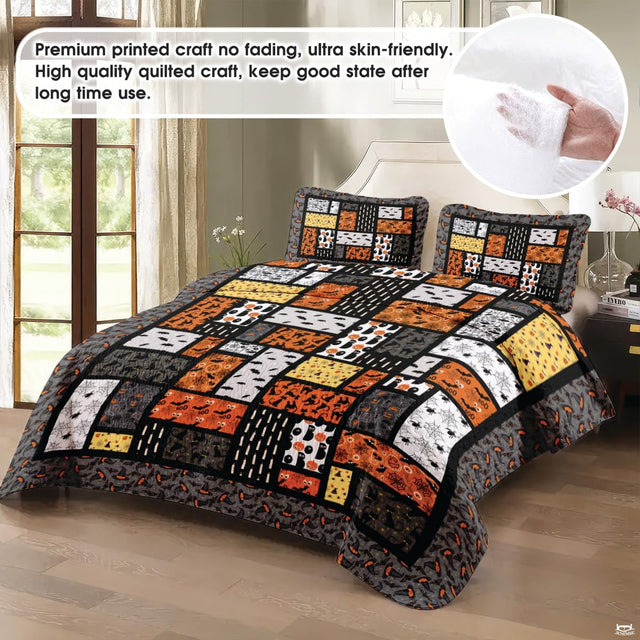 Close-up perspective of Halloween bedding showing detailed orange pumpkin and black cat graphic tiles