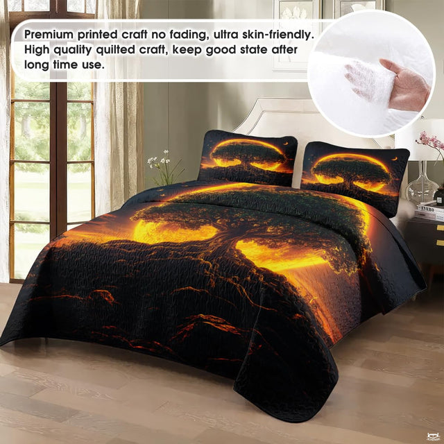 Modern bedroom styling featuring glowing celestial tree artwork with amber accents.