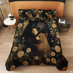 Wide perspective of rustic lodge bedroom decorated with mother bear and cub wildlife bedding ensemble.