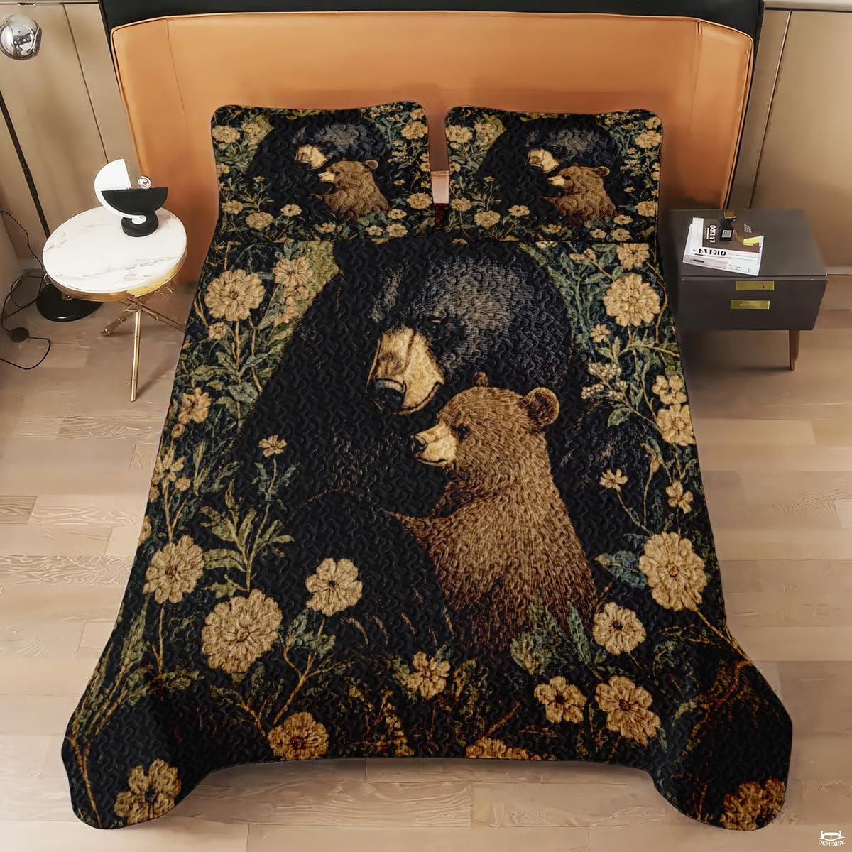 Wide perspective of rustic lodge bedroom decorated with mother bear and cub wildlife bedding ensemble.