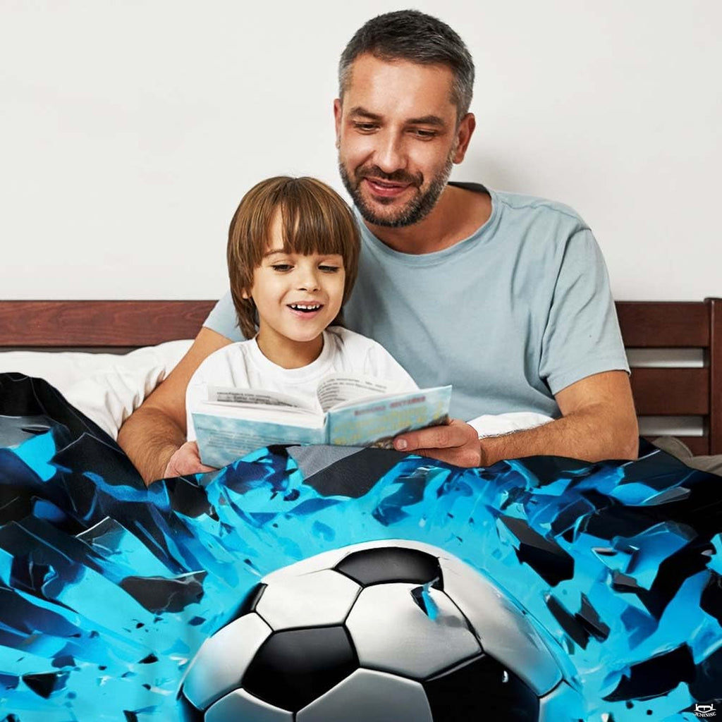 Modern bedroom styled with soccer explosion artwork surrounded by deep electric blue contrast.
