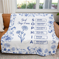 Close-up detail of blue botanical line art carnation blossom and vertical affirmation boxes.