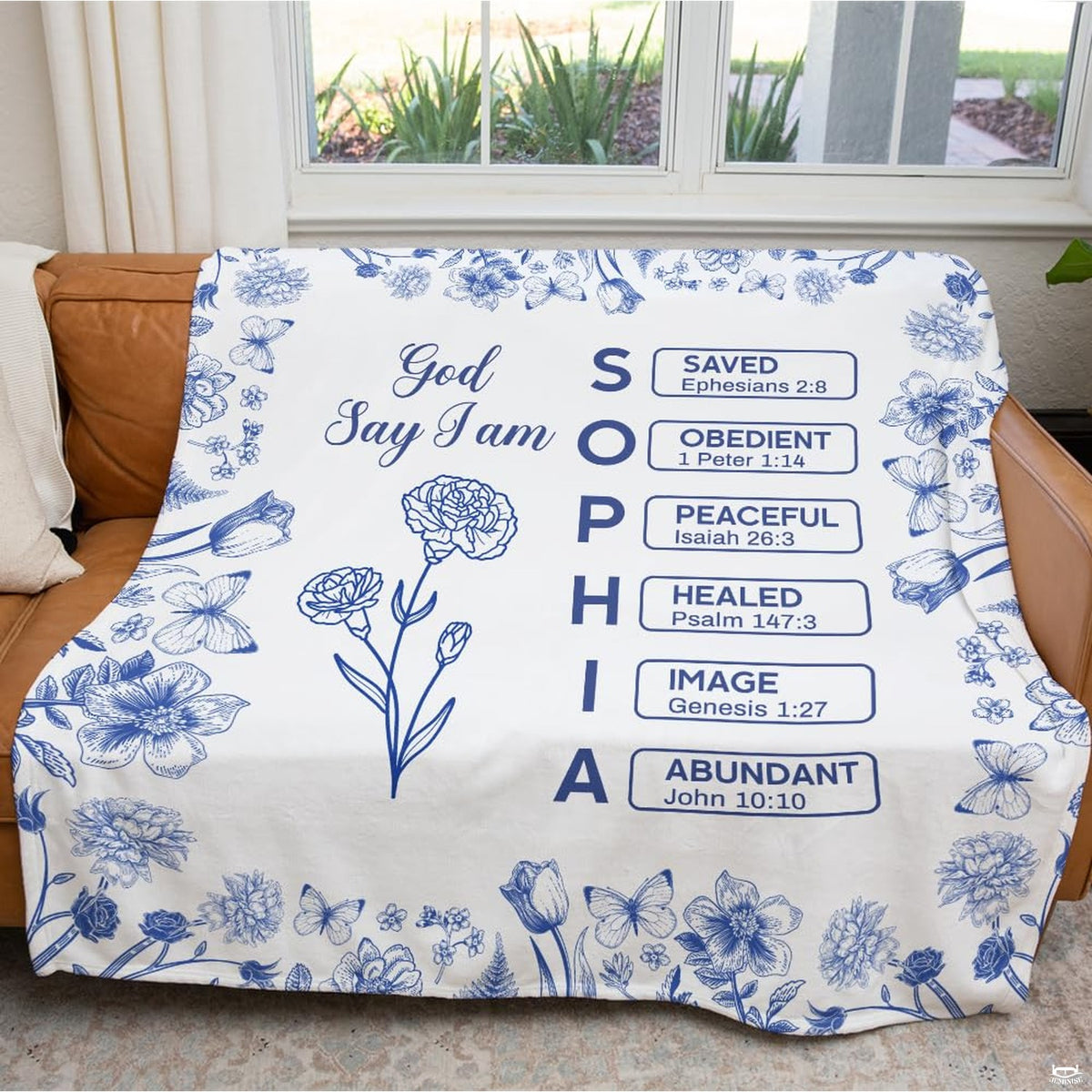 Close-up detail of blue botanical line art carnation blossom and vertical affirmation boxes.