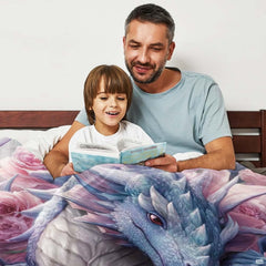 Fantasy dragon and open book artwork displayed in an indoor family bedroom setting