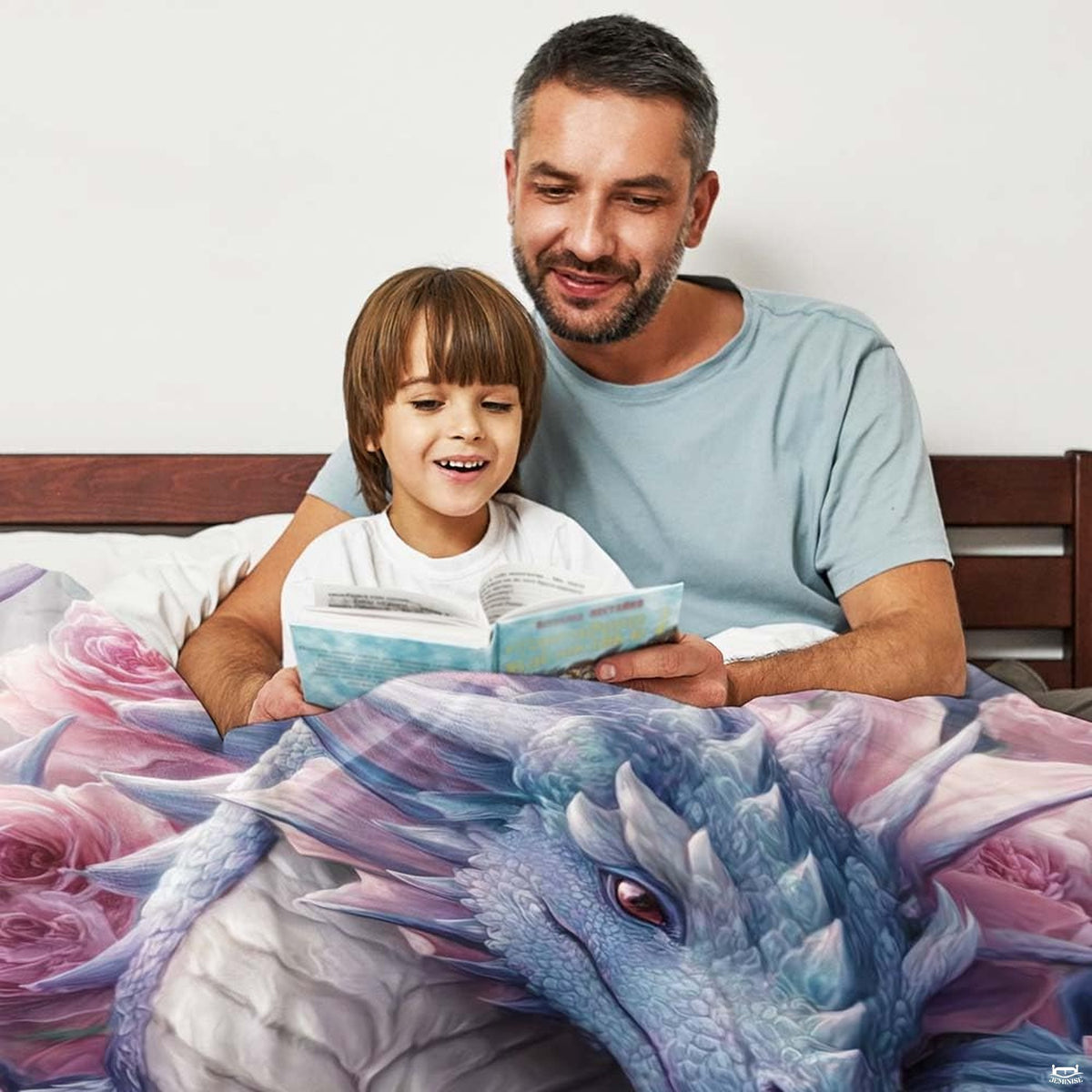 Fantasy dragon and open book artwork displayed in an indoor family bedroom setting